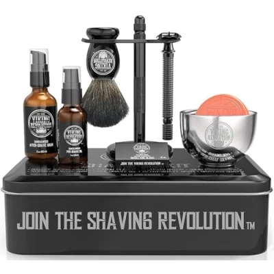 Imagen de Viking Revolution Kit de Afeitado Lujo Regalo Hombre Ideal: Incluye Maquinilla, Soporte, Tazón, Bálsamo, Aceite Pre y Brocha Tejón. Perfecto Set como Hombre.