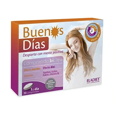 Imagen de Eladiet Complemento Alimenticio con Triptófano, Melatonina y Vitamina B6 Buenos Días 30 Comprimidos Ayuda a Despertar la Mente Positiva