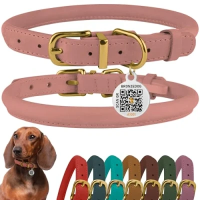 Imagen de BRONZEDOG Collar de cuero enrollado para perro, collares redondos duraderos, pequeños, medianos y grandes, cachorros, gatos, borgoña, mostaza, azul, marrón (15 17 pulgadas, rubor)