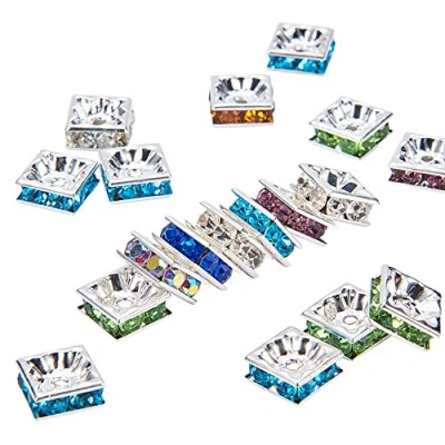 Imagen de NBEADS Rhinestone Spacer Beads, Cuadrado, Níquel Libre, Color Mezclado, Metal Plateado Color, Tamaño: Aproximadamente 8 Mm de Ancho, Longitud, 4 Espesor, Agujero: 1