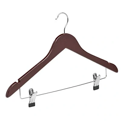 Imagen de COM FORT HOUSE Percha de Madera con Pinzas Metal Color Nogal Diseño Elegante Gancho Acero Inoxidable Giratorio Pack 12 Unidades 45cm Muescas para Tirantes