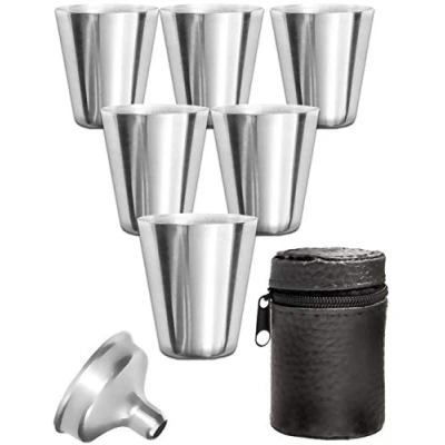 Imagen de Outdoor Saxx® Juego de 8 tazas acero inoxidable, 6 vasos irrompibles, licor metal, metal con embudo llenado y bolsa cuero, accesorios ideales para petaca