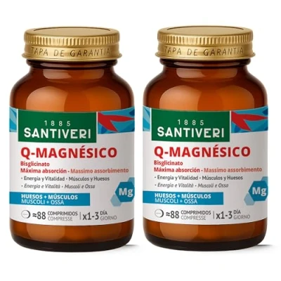 Imagen de SANTIVERI Q Magnésico, Complemento Alimenticio con Magnesio Bisciglinato, Ayuda a Disminuir el Cansancio y Contribuye al Normal Estado de Músculos, Huesos Sistema Nervioso 2 x 88 Comprimidos