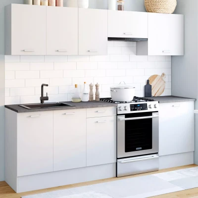 Imagen de IDMarket Cocina completa 240 cm SUBTIL con encimera 7 elementos blanco y bandejas efecto hormigón