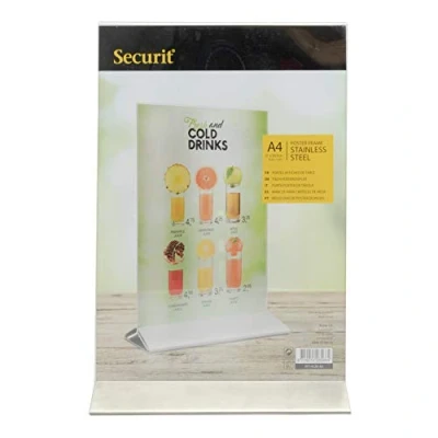 Imagen de SECURIT Soporte para carteles de Mesa Autoportante Tamaño A4 Bar, Restaurante, Cafetería, Tienda Acrílico Transparente e Acero Inoxidable