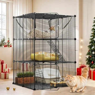 Imagen de YITAHOME Jaula para Gatos Exterior/Interior, Recinto de 3 Niveles con Hamaca Grande, Mascota Alambre Metal Denso 1 2 Gatos, Hurón, Chinchilla, Conejo, Negro
