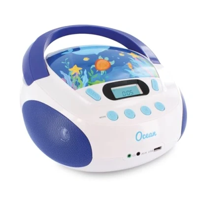 Imagen de Metronic Mooov 477170 Reproductor de CD portátil, Lector portatil con Toma USB/SD para MP3 / AUX Jack 3,5mm, Auricular, 6W Ocean, Blanco/Azul
