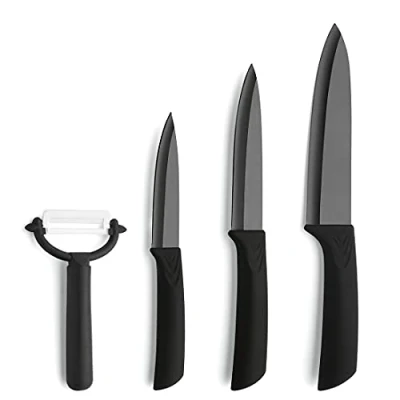 Imagen de Amefa Auenthal Juego de cuchillos cerámica 4 piezas, cuchillas negras cerámica, extremadamente afiladas y ligeras, cuchillo chef, multiusos, para mechar pelador, sert