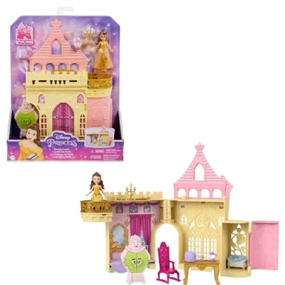 Imagen de Mattel Disney Juguetes de Princesas, Juego Casa Muñecas Castillo Apilable Bella con Muñeca Pequeña y 8 Piezas, Inspirado en la Película Disney, Viaje Regalos para Niños, HLW94