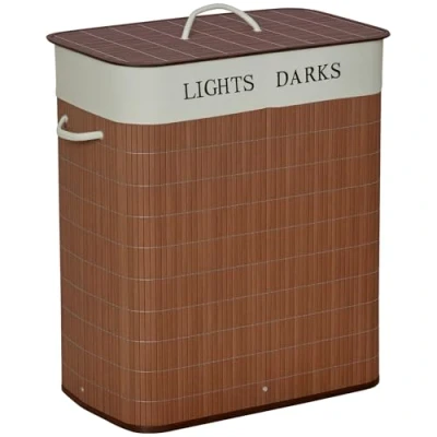 Imagen de HOMCOM Cesto para Ropa Sucia de Bambú Capacidad 100L Cesta la Colada Rectangular con Tapa Extraíble Bolsa 2 Compartimentos 52x32x63 cm Marrón