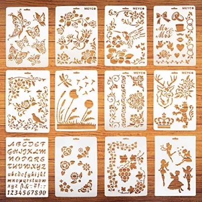 Imagen de 12 plantillas de dibujo para pintura artística, en madera y paredes, plástico reutilizables