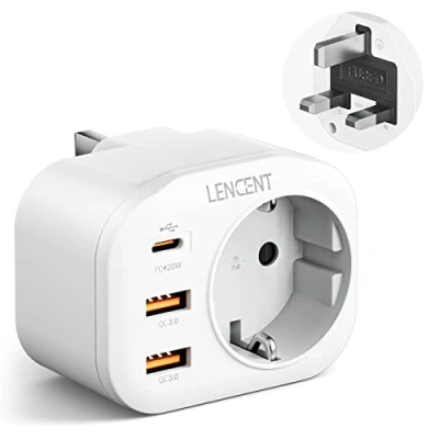 Imagen de LENCENT Adaptador Enchufe UK/Reino Unido, Inglaterra Viaje con Carga Rápida QC3.0+PD20W, Europa España Portugal 2 Pin a 3 RU para Escocia, Irlanda, Gales, Maldivas, Gran Bretaña, Tipo G