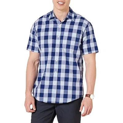 Imagen de Amazon Essentials Camisa de Popelín Manga Corta Ajuste Normal Hombre, Azul Cuadros Vichy, S