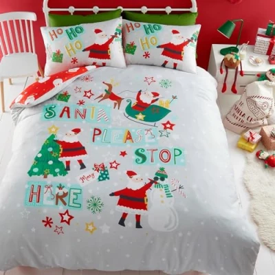 Imagen de Bedlam Funda de edredón Papá Noel Rojo, tamaño Individual (140 x 200 cm), diseño Reversible (Gris/Rojo), Navidad para niños, Juego Cama Dibujos Animados,