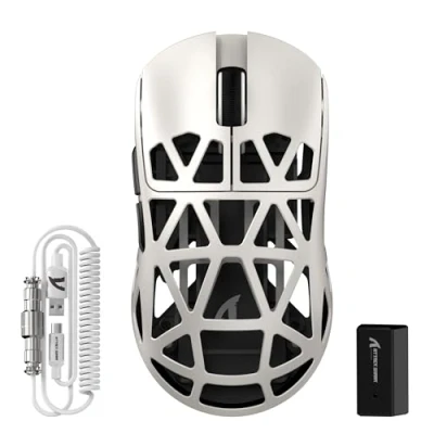 Imagen de ATTACK SHARK R2PRO 45g Superlight Ratón de Aleación Magnesio, Sensor PixArt PAW3950, 42000DPI Ultraligero Mouse, 8000Hz Sondeo inalámbrico, Cableado/2,4G/BT, con Cable en Espiral, PC/Mac, Retro