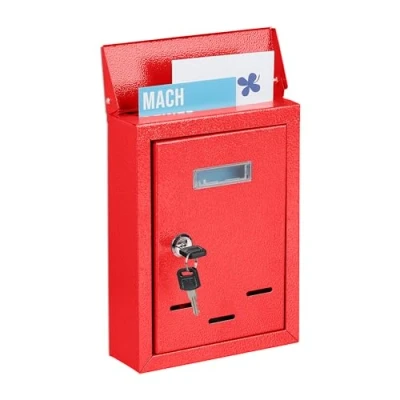 Imagen de Relaxdays Buzón Pared Vertical, Placa para Nombre, Metálico, 2 Llaves, de Exterior, 26,5 x 19 6,5 cm, Estrecho, Rojo