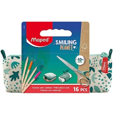 Imagen de Maped Estuche Smiling Planet con material escolar de tela + 12 lápices colores FSC 1 tijeras 16 cm sacapuntas reserva goma blanca