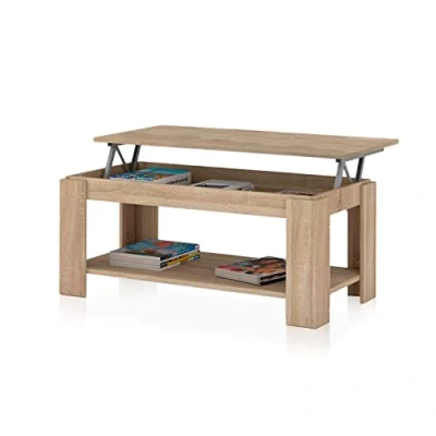 Imagen de Mesa Centro con revistero, elevable, mesita Mueble Salon Comedor, Acabado en Roble Canadian, Medidas: 102 cm (Largo) x 43/54 (Alto) 50 (Fondo)