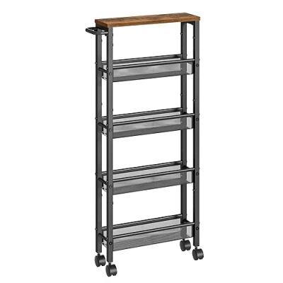 Imagen de VASAGLE Carro de 5 Niveles, Estrecho Cocina con Ruedas, Asa, para Espacio Reducido, 13 x 41 99,6 cm, Cocina, Baño, Salón, Estudio, Marrón Rústico y Negro LRC034B01