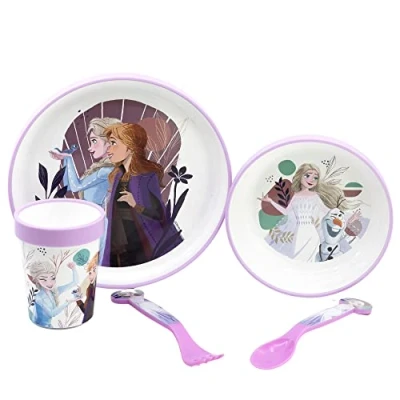 Imagen de Vajilla infantil reutilizable antideslizante con base de silicona bicolor compuesto plato, cuenco, vaso y cubiertos en caja Frozen