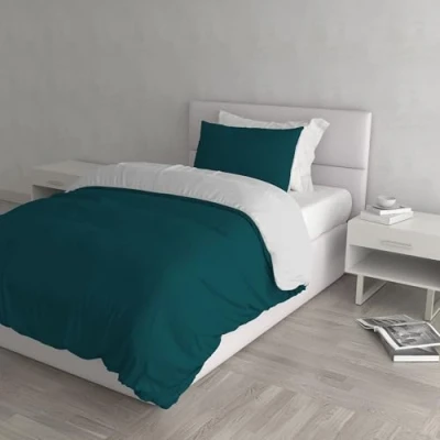Imagen de Italian Bed Linen Natural Color y Funda de Almohada, Verde Petroleo/Gris Claro, a una Plaza Media, Doble pequeño, 2