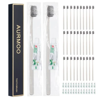 Imagen de AURMOO Cepillos de Dientes, Cepillo Dientes Desechables, 30 Unidad Desechable con Pasta, Mango Redondo(Gris)
