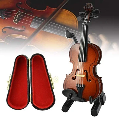 Imagen de CODIRATO Violín Miniatura de Madera Mini Modelo Instrumento Musical con Soporte Arco y Caja Negro Juguete para Decoración Hogar Oficina, Regalo Cumpleaños (Marrón)