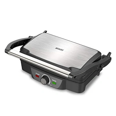 Imagen de SOGO Parilla electrica, sandwichera y panini grill, placas antiadherentes de piedra 27x15 cm apertura 180º, regulador temperatura, 1600 W (SS 7127)