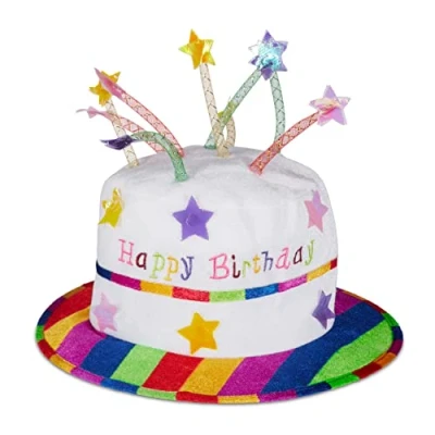 Imagen de Relaxdays Gorro Cumpleaños, Sombrero Tarta de Peluche con Velas, Para Fiestas, Poliéster, 1 Ud., Blanco y Multicolor