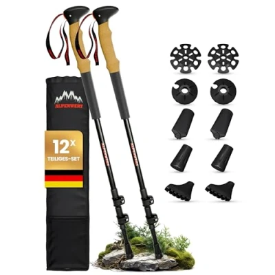 Imagen de Alpenwert bastones de senderismo [carbono y aluminio] para hombre mujer trekking telescópicos con mango corcho senderismo, marcha nórdica excursiones