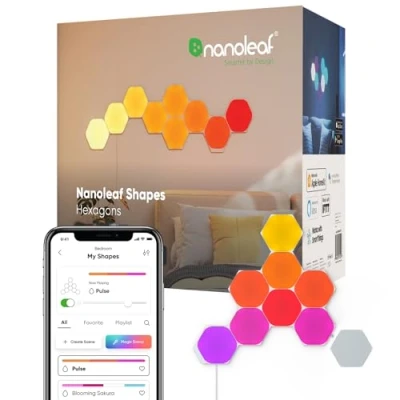 Imagen de Nanoleaf Shapes Hexagons Kit de Inicio 9 Hexágonos Luminosos Led RGBW, Apliques Pared Interior Modulares, Luces Inteligentes 16M Colores WiFi, Compatible con Alexa, para Decoración y Gaming