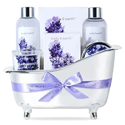 Imagen de Set de Regalo Mujer, Body&amp;Earth Cestas Mujer 7 Piezas Lavanda con Baño Burbujas, Gel Ducha, Vela Perfumada, Sales Baño, Loción Corporal, Jabón Pack para Cumpleaños Navidad