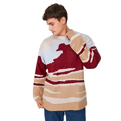 Imagen de Trendyol Suéter Oversize con Cuello Redondo y Bloque de Color Sudadera, Multicolor, S para Hombre