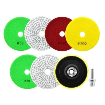 Imagen de SANLEETEK Almohadillas de Pulido Diamante 6piezas 100mm Disco Pulir Grano 30x2/50x2/100/200 con M14 Plato Apoyo+Adaptador para Granito Mármol Piedra Artificial Cuarzo