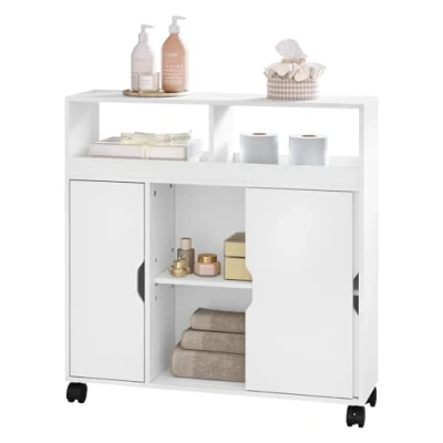 Imagen de EUGAD Carrito de Almacenamiento, Armario Baño con Ruedas, Mueble Auxiliar Baño, Estantería Multifuncional, Cocina, Dormitorio, Ahorro Espacio, Blanco, 70x20x71,5 cm