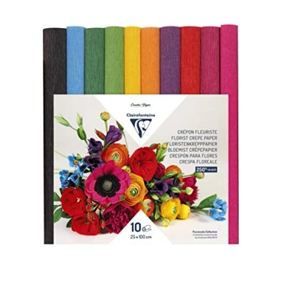 Imagen de Clairefontaine 995001C Pack de 10 Rollos Papel pinocho/crespón para crear tu ramo floristería, 25x100cm 160g, Surtido colores vivos
