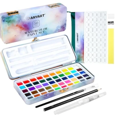 Imagen de Anyart Set de Acuarela 50 Colores en Caja Portátil Incluyendo 4 Fluorescentes, para Viaje, con Pincel y Papel Artistas Amantes la Pintura
