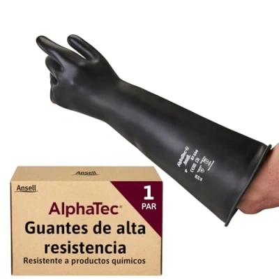 Imagen de Ansell guantes de protección química látex AlphaTec 87 104, reutilizables para la industria, aptos alimentos, trabajo goma, negros, talla 9.5 (1 par)