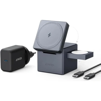 Imagen de Anker Cubo 3 en 1 con MagSafe, Potencia de Carga máxima inalámbrica 15 W, Compatible iPhone 16/15/14/13 Series, Apple Watch Serie, y AirPods Pro