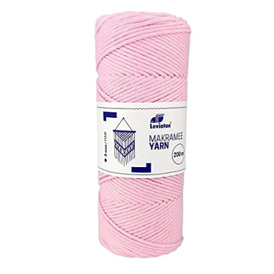 Imagen de Leviatan Hilo Natural 200m de Cordón Retorcido Simple Súper Suave Cuerda Macramé Algodón 100% para Manualidades Decoración Bodas y Navidad 3mm x Rosa