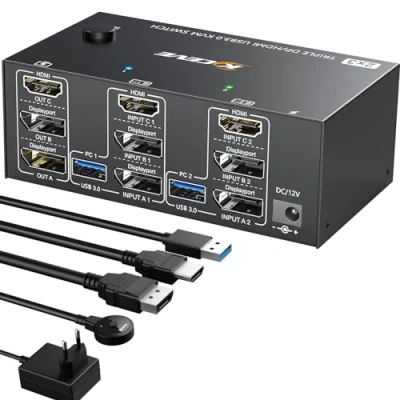 Imagen de Triple Monitores KVM Switch 2 Displayport + HDMI, 8K@60Hz 4K@144Hz, USB 3.0 PC 3 Monitores, 1.4 HDMI 2.1 para Partes Ratón, Teclado