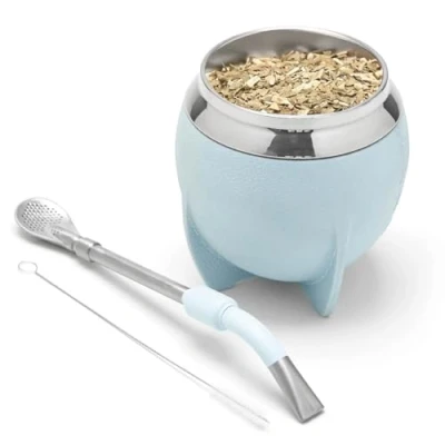 Imagen de balibetov Mate Argentino Set elegante y duradero con un Vaso Torpedo de Acero Inoxidable, Bombilla Cepillo Limpieza (Celeste)