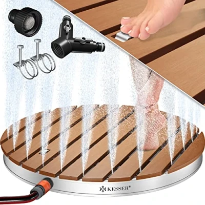 Imagen de KESSER® Ducha de jardín, Suelo, Exterior, Sauna, Camping 70 x 55 cm, rectángulo, Fuente Regulable en Altura hasta 4 m, con Rueda pie, Aluminio/WPC