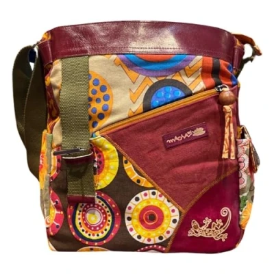 Imagen de Macha bolso de algodón étnico con estampados coloridos e inserciones cuero, hombro y cuero para mujer Indio colorido (Camel)