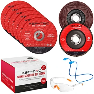 Imagen de KSP Tec® 6 discos de corte 125 x 1,0 mm, con gafas protección y auditiva, 2 láminas, para metal, acero, acero inoxidable, piedra amoladora angular Flex mm