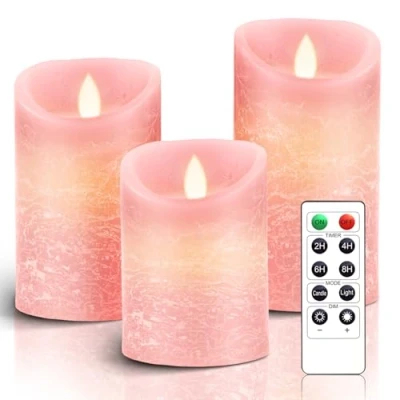 Imagen de AiiBowy LED Velas [3 piezas] sin llama, al aire libre, llama parpadeante, Control remoto, Función de temporización, Ajustar las luces, Navidad, Cumpleaños, Fiestas, bodas Rosado