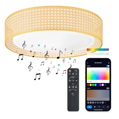 Imagen de Plafón SmartLED Ksix Bohemia, Diseño ratán, Altavoz 3W integrado, RGBIC + CCT, Ø46 cm, 4.000 lm, 35 W, App Tuya, Blanco