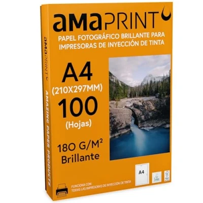Imagen de Amaprint 100 hojas de papel fotográfico A4 brillante 180g/m² para impresora inkjet alto brillo resistente al agua