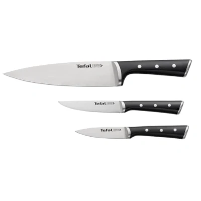 Imagen de Tefal Ice Force Set de 3 cuchillos, pelador 9 cm, chef 20 universal 11 rebana, corta y en dados, acero inoxidable, mango ergonómico, plastico ABS, apto lavavajillas, negro
