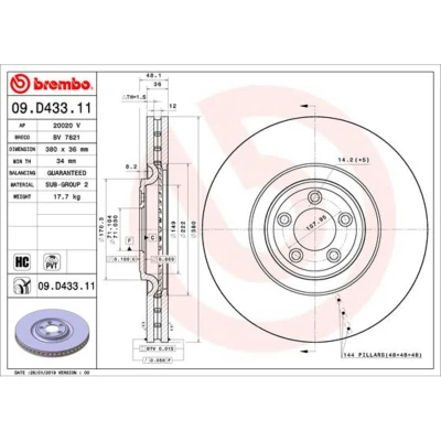 Imagen de BREMBO 09.D433.11 Disco de freno 380 36 5 ventilación interna revestido altamente carbonizado JAGUAR: XF Berlina, XJ Sportbrake